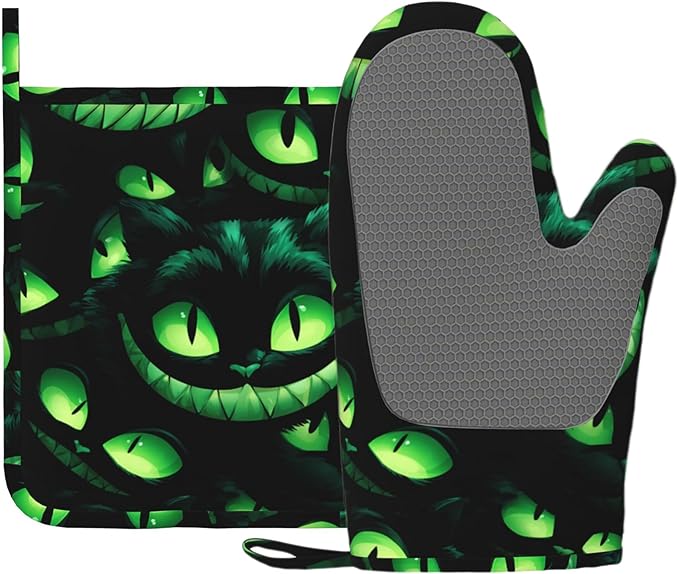 Halloween Ghost Face Heat-Resistant Oven Mitts and Pot Holder Smile Face Kitchen Non-Slip Silicone Cooking Microwave Gloves for BBQ Baking Grilling