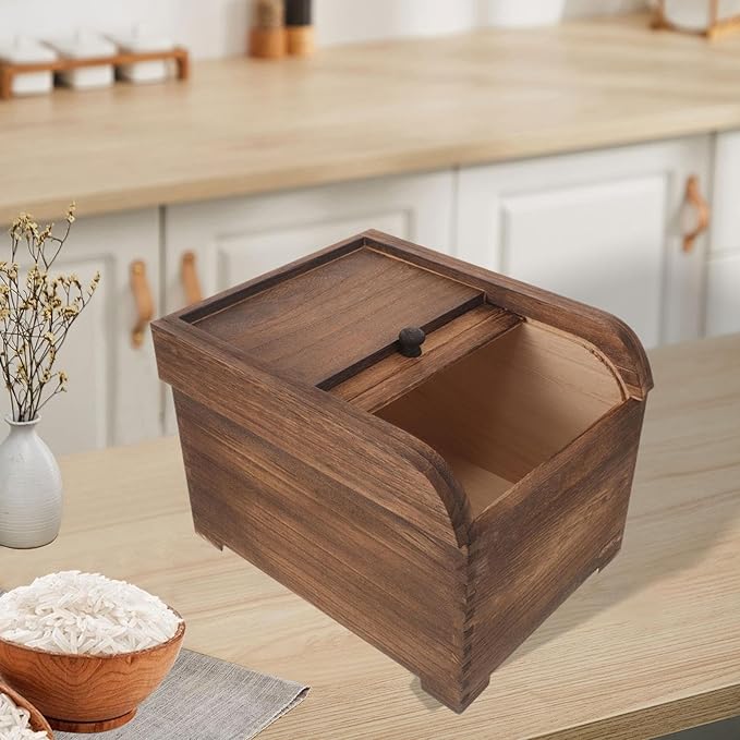 Wooden Rice Storage Container with Sliding Lid, Wood Food Container for Cereal, Grains, Flour, Dark Brown