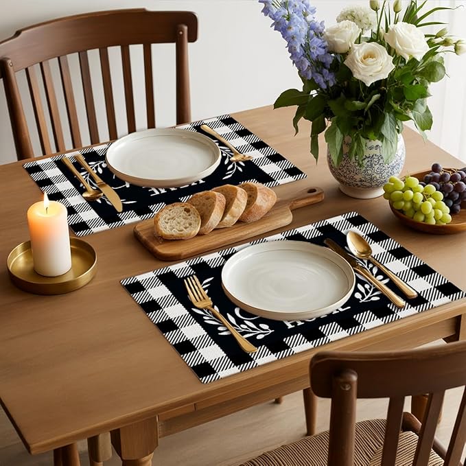 Black and White Linen Placemats Set of 4, Cloth Farmhouse Buffalo Plaid Linen Home Sweet Home Place Mats - Washable Heat Resistant Fabric Table Mats for Kitchen Dining Table 18 X 12 Inch, Plaid