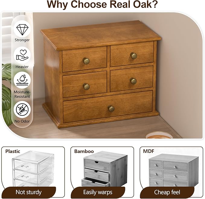 Oak Desk Organizer with Drawers, Durable Wooden Desktop Storage Box with Metal Handles & Non-Slip Silicone Pads, 5 Drawer Tabletop Organizer for Office, Bedroom, Bathroom, Vanity, and Makeup – Walnut