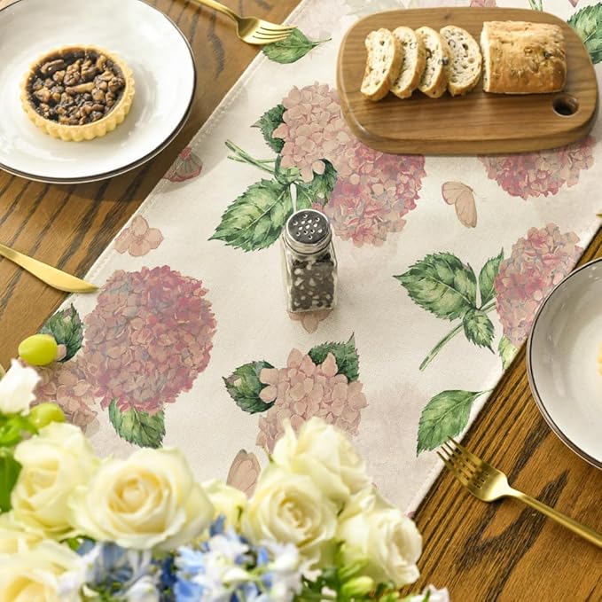 Artoid Mode Pink Hydrangea Butterfly Spring Table Runner, Seasonal Summer Holiday Kitchen Dining Table Decoration for Home Party Decor 13x72 Inch