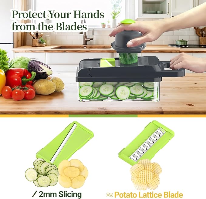 StoreHappily 12-in-1 Vegetable Chopper, 7 Blades Veggie Chopper with Container and Lid, Dicer, Slicer, Multifunctional Kitchen Gadgets, Vegetable Cutter with Handle, Onion Cutter(Green/Grey)