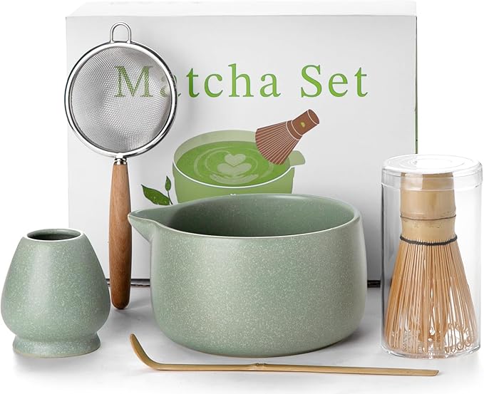 20OZ Matcha Whisk Set - 5PCS Chasen Set Includes Matcha Bowl with Spout, Bamboo Whisk with Ceramic Holder, Macha Scoop and Sifter, Matcha Kit for Ceremony, Gift for Matcha Lovers (Pale Gray-Green)