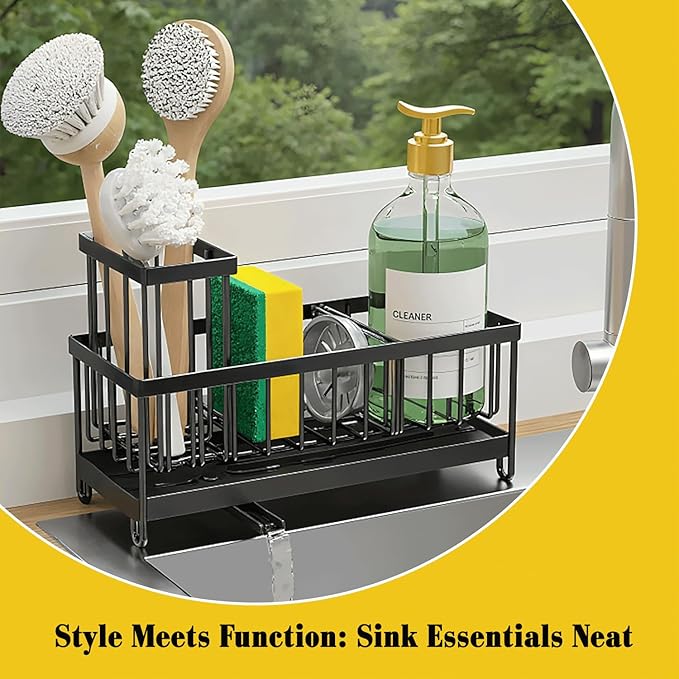 5 in 1 Sponge Holder for Kitchen Sink, Rustproof Stainless Steel Sink Caddy with Washing Cloth & Adhesive Hooks, Kitchen Sink Organizer with High Brush Holder and Soap Holder for Kitchen Sink