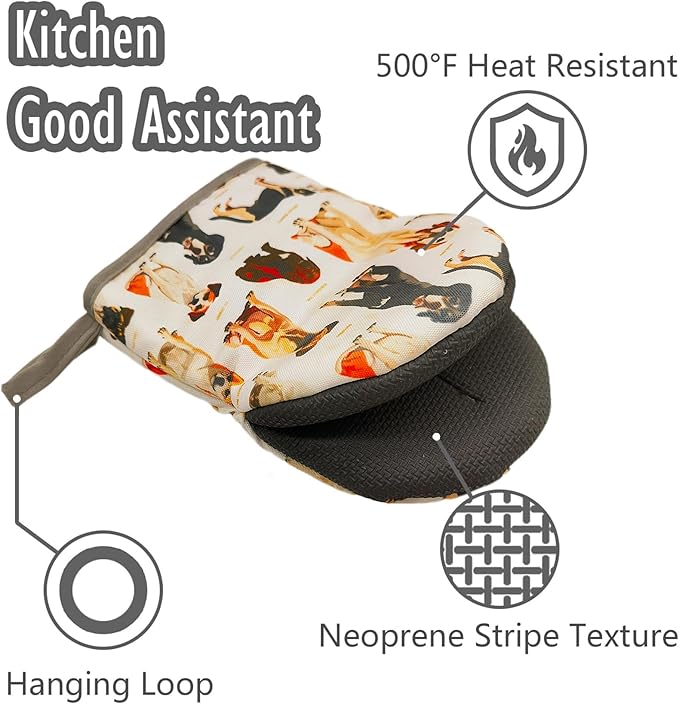 Fashion Cute Dog Oven Mitts, High Heat Resistant Kitchen Oven Gloves, Mini Silicone Oven Mitts, Non-Slip Grip Surfaces and Hanging Loop for Grilling, Baking, Cooking and Microwave, Gift