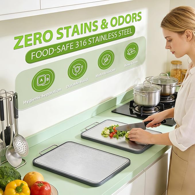 Stainless Steel Cutting Board for Kitchen, 17" x 11" Large Heavy Duty Chopping Board with Juice Grooves, Double Sided Defrosting Tray, Non-Slip Rust Resistant, Dishwasher Safe