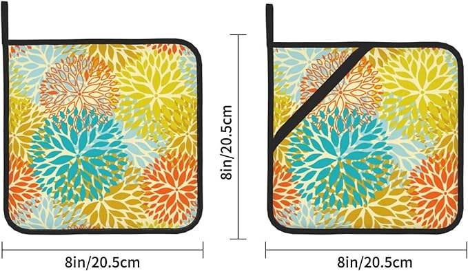 Pot Holders Set of 2 Heat Resistant & Non Slip Potholders, Cute Floral Oven Hot Pads with Pockets for Kitchen Cooking Baking Barbecue