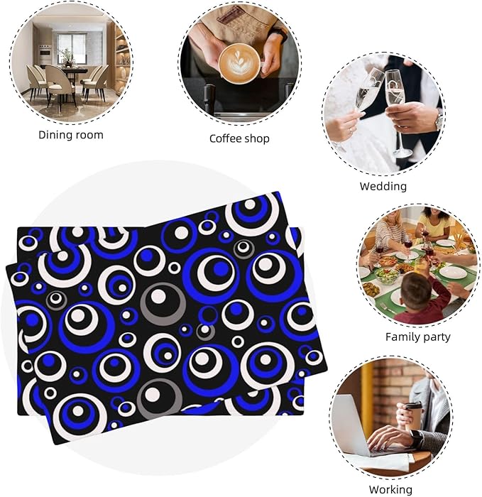 Blue Black Geometric Circle Linen Placemats Set of 4, Washable Heat Resistant Table Mats for Dining Table Kitchen, Tech - Themed Party Wedding Outdoor Holiday, Modern Home Decor, 12" x 18" Place Mats