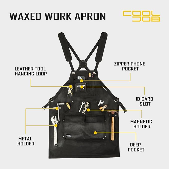 COOLJOB 16oz Waxed Canvas Work Apron with Tape Holder, Deep Pockets and Adjustable Strap, Men's Oversized Shop Apron