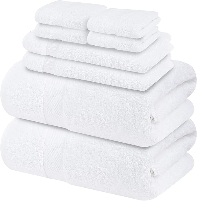 Infinitee Xclusives Luxury 100% Cotton Towel Set – 8 Piece Bathroom Towel Set (2 Bath Towels, 2 Hand Towels, 4 Washcloths) – Soft & Absorbent Towels for Bathroom (Brilliant White)