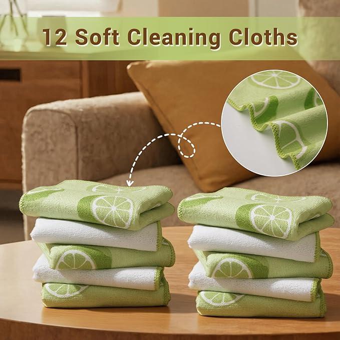 YUA Microfiber Cleaning Cloth 12 Pack,Microfiber Towels Cleaning,Microfiber Towels for Cars,Absorbent Dish Washing Cloth,Reusable Cleaning Cloths Lint Free (Green Lemon‌)