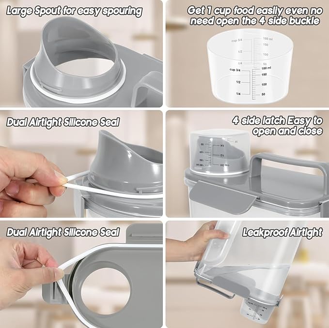 LEAWALK 5-7Lbs Dog Cat Food Storage Container with Upgraded Large Nozzle BPA-free, 4 Snap Seals Plastic Pet Food Storage Containers with Handles (Light Gray, 5L-1pack)