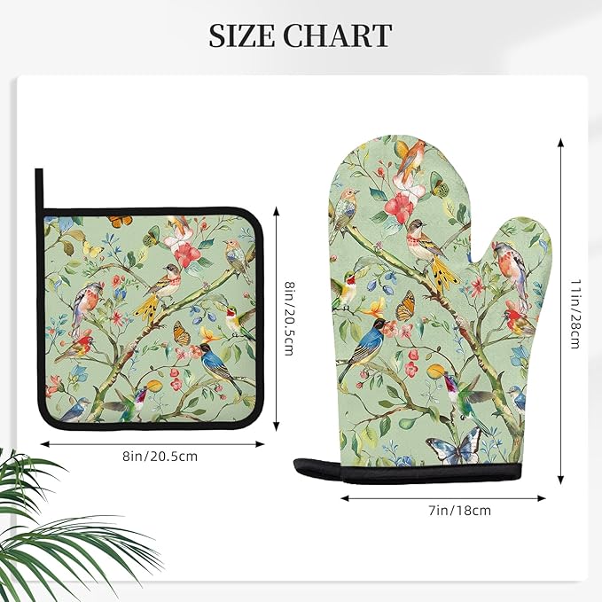 Bird Oven Mitts and Pot Holders Sets 3PCS, Floral Botanical Print Silicone Oven Mitts Birthday for Bird Lover Garden Kitchen, Song Birds Heat Resistant Non-Slip Oven Gloves for Mom Wife Sister BFF