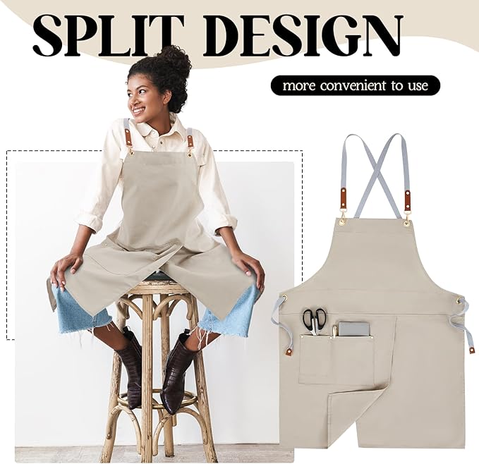 Crossback Pottery Apron Split Leg with Large Pocket Canvas Apron with Adjustable Strap for Art Garden Nail Tech Hairstylist