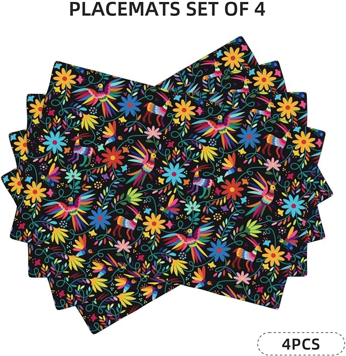 Mexican Folk Art Linen Placemats Set of 4, 12" x 18" Heat Resistant Washable Cute Kitchen Place Mats for Dining Table Fiesta Party FarmhouseCoffee Shop, Boho Home Decor & Gift for Cultural Art Lovers