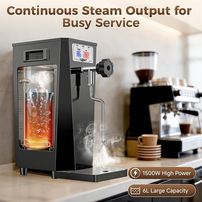 Commercial Steam Milk Frother,1.6Bar 15s Fast Frothing,1500W 6L Boiler for Continuous Use, Temp Probe, Triple Safety, 2-in-1 Hot Water&Steam with LED Display for Coffee Shops,Hotel& Restaurant