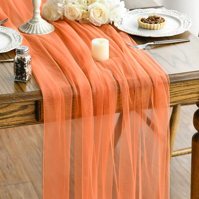 Artoid Mode 3PCS Orange Gauze Table Runner 120 Inch 10FT, Seasonal Sheer Kitchen Dining Holiday Wedding Birthday Baby Shower Table Decor for Home Party
