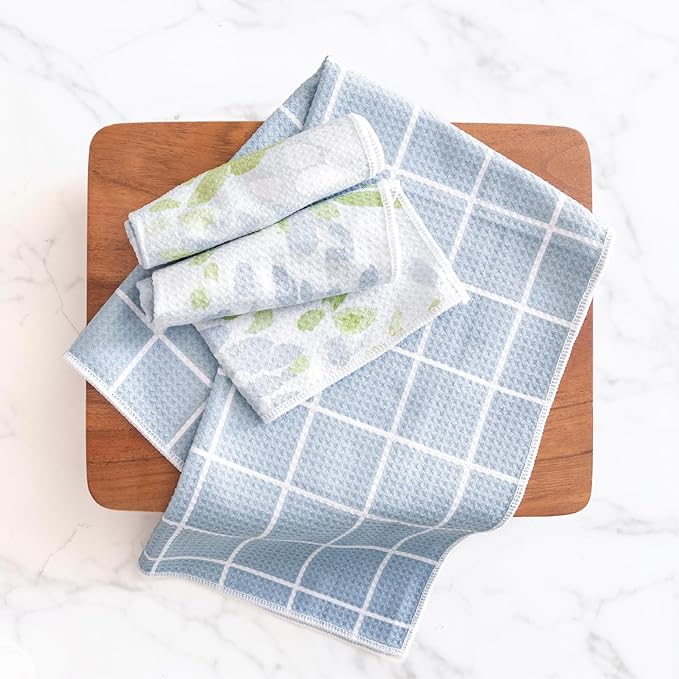 ELYN Microfiber Kitchen Dish Towel & Dish Cloth Set, Quick-Dry & Absorbent Waffle Weave Cleaning Cloths, Set of One Kitchen Towel & Two Washcloths, Paper Towels Alternative (Bold Floral & Geo)