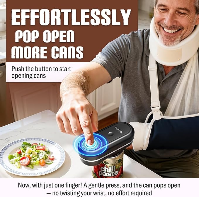 Electric Can Opener, One Touch Automatic Smooth Edge, Hands Free Side Cut Can Opener for Seniors, Battery Operated, Fits Most Cans, Safe & Easy to Use, Food Safe, Easy Clean Kitchen Gadget (Black)