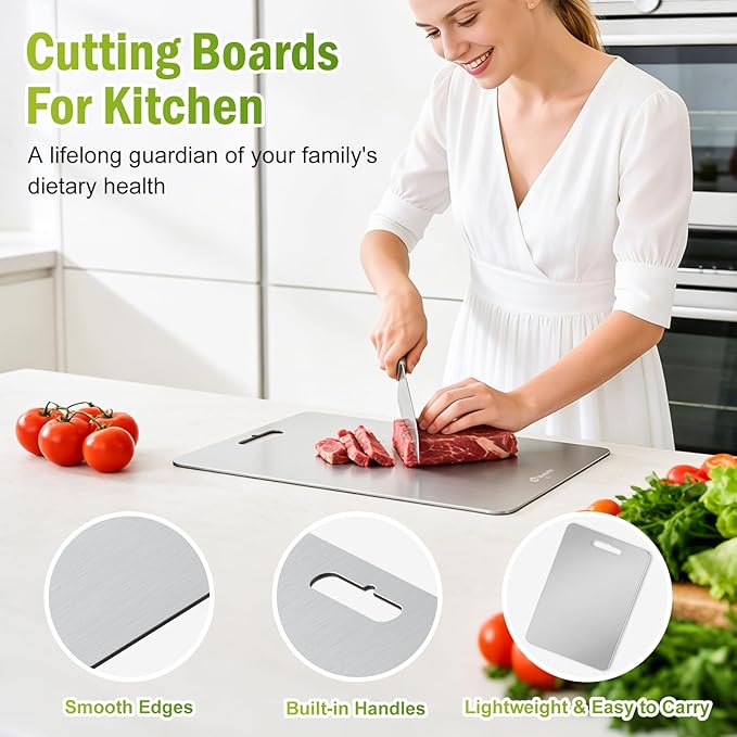 Titanium Cutting Boards Set of 3, 100% Pure Titanium Cutting Boards for Kitchen,cutting boards non toxic is dishwasher safe and ideal for separating raw meat, fruits, vegetables