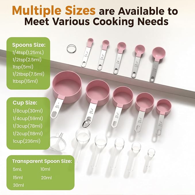 16PCS Measuring Cups and Spoons Set, Measuring Spoon Set with Metric and US Measurements, Fits for Measuring Dry and Liquid (Pink)
