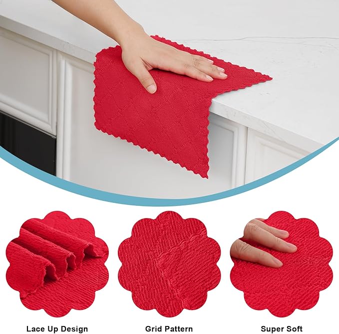 Homaxy 12 Pack Kitchen Dish Cloths (10 x 10 Inches, Red), Super Soft and Absorbent Coral Velvet Dish Towels, Nonstick Oil Fast Drying Microfiber Cleaning Cloth, No Lint Household Dishcloths