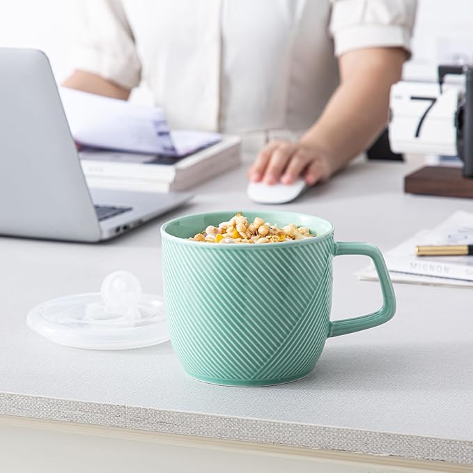 Ceramic Soup Bowl with Lid & Handle: 32 oz Microwave Safe Food Container for Ramen Noodles Cereal Leftovers - Extra Large Mugs for Breakfast Lunch Picnic Camping - Mint Green, Set of 2