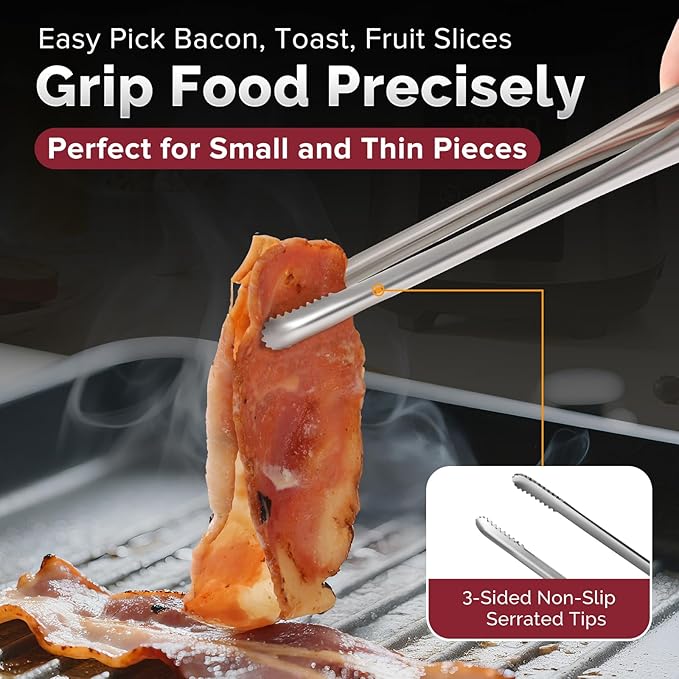 Precision Serrated Non-Slip Tips Cooking Tongs 3 Set (9.5" & 11.5" & 13.5"), 18/8 Stainless Steel Metal Tong, Light but Durable, Easily Control Kitchen Tweezer Tongs for Frying, Plating, BBQ