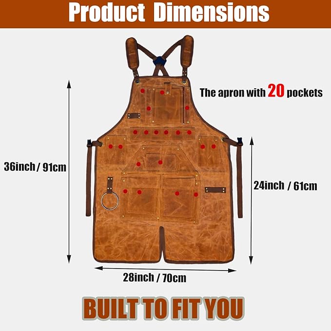 20-Pocket Heavy-Duty Waxed Canvas Work Apron – Fully Adjustable, Vintage Style Tool Organizer