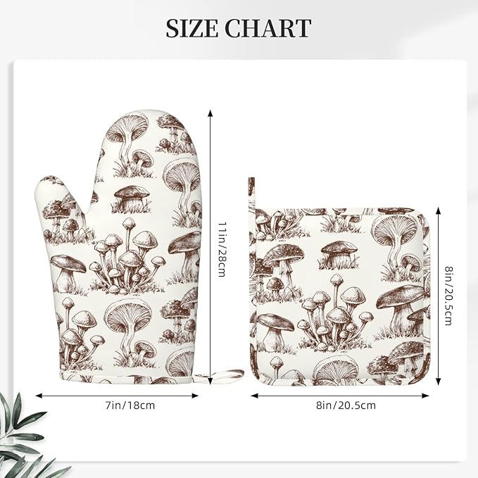 Vintage Mushroom Oven Mitts and Pot Holders Set of 2 Silicone Heat Resistant Oven Mitten Potholders Non Slip Gloves Kitchen Decor for BBQ Cooking Grilling Baking