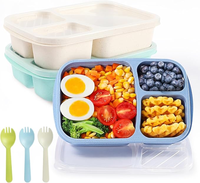 Bento Box Adult Lunch Box - 3 Pack,3-Compartment Leak-Proof Bento Boxes Ideal Portion Sizes for Kids , Reusable Food Storage Snack Containers,Microwave and Dishwasher Safe & Food-Safe Materials (blue)