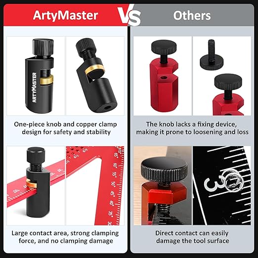 ArtyMaster Stair Gauges with Rubber Pad – Stair Gauges for Framing Square & Circular Saw – Framing Jig Square Stops – Circular Saw Guide – Carpentry Jig Stops