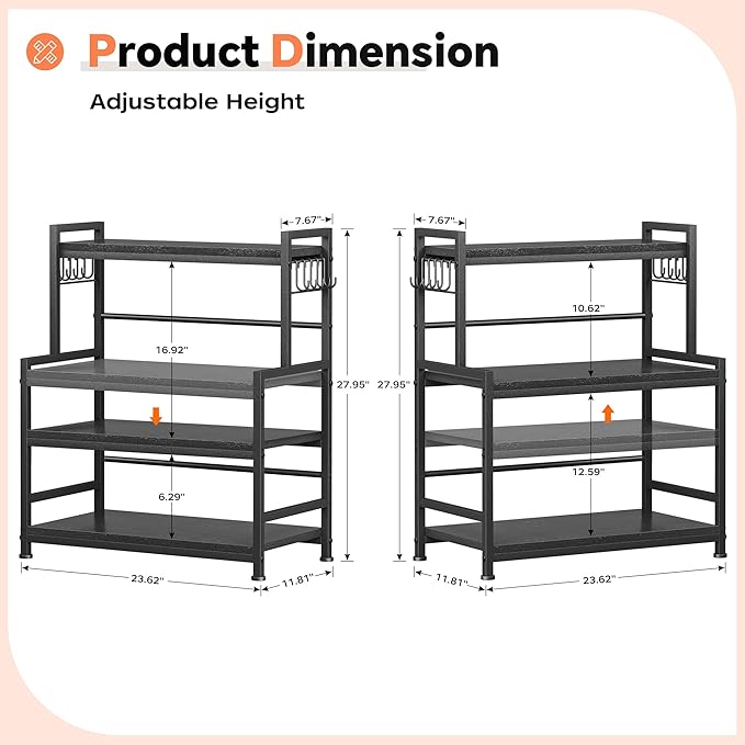 23.6"W Large Kitchen Countertop Organizer, 3 Tier Spice Rack Organizer with Adjustable Shelf and 10 Hooks, Wooden Counter Organizer, Countertop Shelf Microwave Stand for Kitchen, Coffee Bar, Black