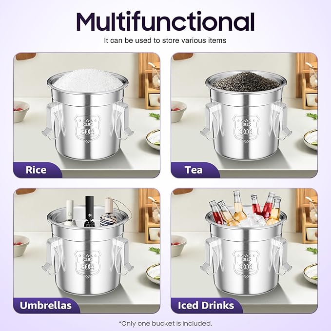 6L Stainless Steel Airtight Canister Rice Cereal Grain Canisters Container Food Oil Sugar Milk Storage Bucket w/Handles+Lid Cylinder Jar for Household Kitchen Bar Restaurants Silver (6L)