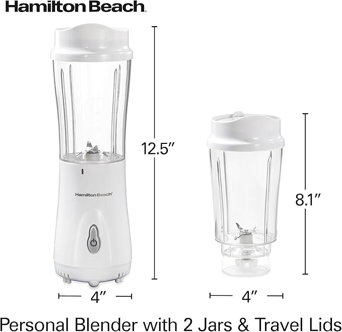 Hamilton Beach Portable Blender for Shakes and Smoothies,14 Oz BPA Free Travel Cup & Lid,Durable Stainless Steel Blades,Personal Smoothie Blender,2 Jars - White (51102V),(Pack of 2)