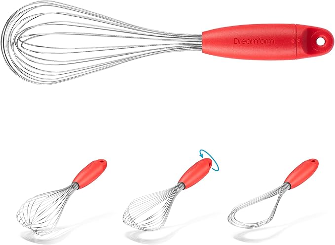 Dreamfarm Flisk 3-in-1 Fold-Flat, Space-Saving Baking, Cooking, Sauce & Deglazing Stainless Steel Balloon Whisk - 12" Red"