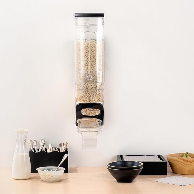 Restaurantware Cereal Dispenser 5 gal Plastic Wall-Mounted Gravity Bin Candy Dispenser Self-Serve Black Dry Food with Wall Mount Brackets for Breakfast Buffet or Hotel Use