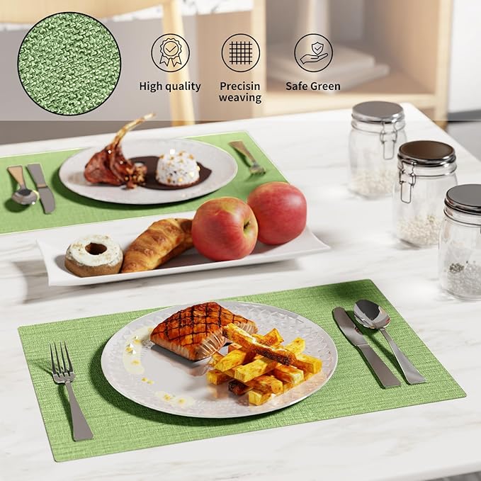 Cloth Placemats, Set of 6 Heat-Resistant Cotton Linen Blend Double Layered Machine Washable Place Mats, Wrinkle Free Thick Fabric Dining Table Mats for Indoors & Outdoors (Grass Green, 6)