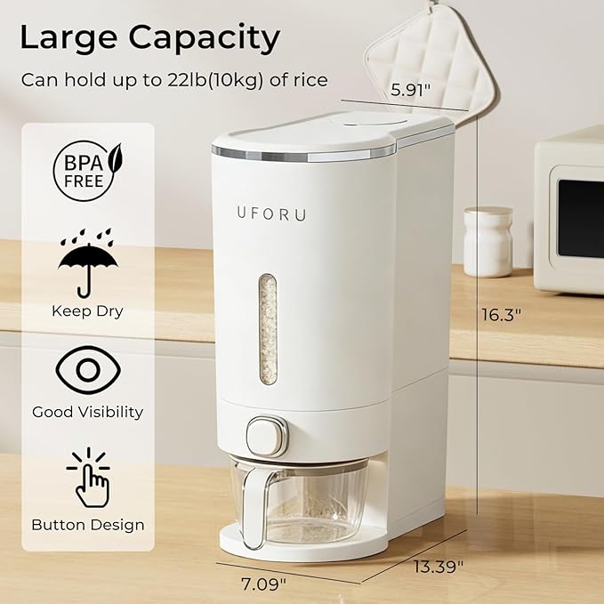 Rice Dispenser, Rice Storage Container with Measuring Cup for Kitchen Pantry Household, Cereal Dry Food Storage Containers Airtight, Sealed Moisture Proof (White 22 Lbs)