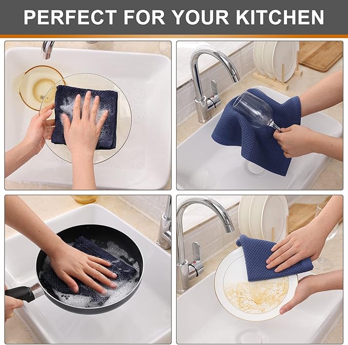 Kitinjoy 100% Cotton Kitchen Dish Cloths (12 X 12 Inches, Navy Blue), 8 Pack Waffle Weave Ultra Soft Absorbent Dish Towels for Drying Dishes Quick Drying Kitchen Towels Dish Rags