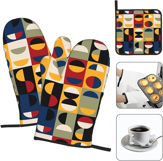 Retro Mid Century Modern Oven Mitts and Pot Holders Set Vintage Decorative Heat Resistant Microwave Oven Gloves for BBQ Baking Grilling Cooks Kitchen Decor 3 Piece