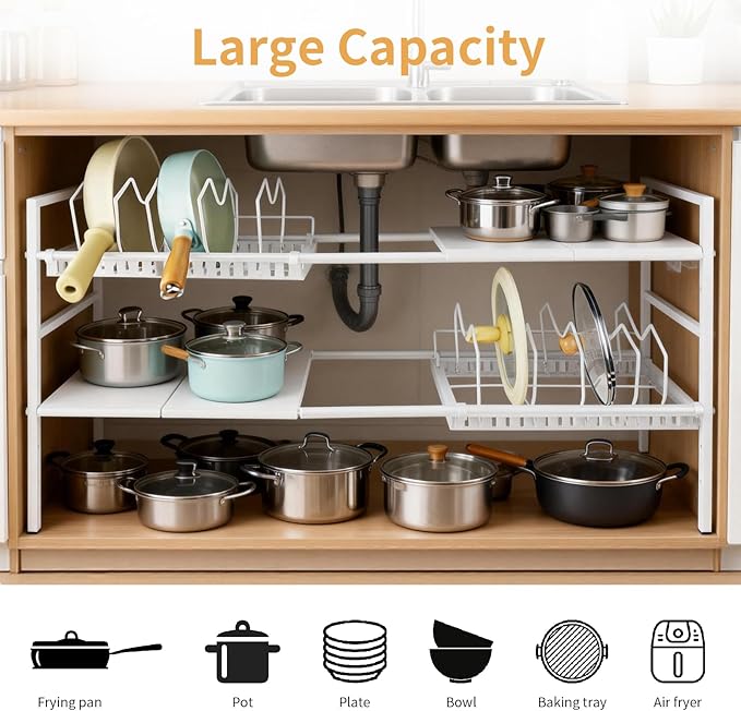 Pots and Pans Organizer Under Cabinet, Expandable Length, Adjustable Height Under Sink Shelf 2 Tier with 10 Dividers Under Cabinet Shelf, Pot and Pan Lid Holder Rack (White)