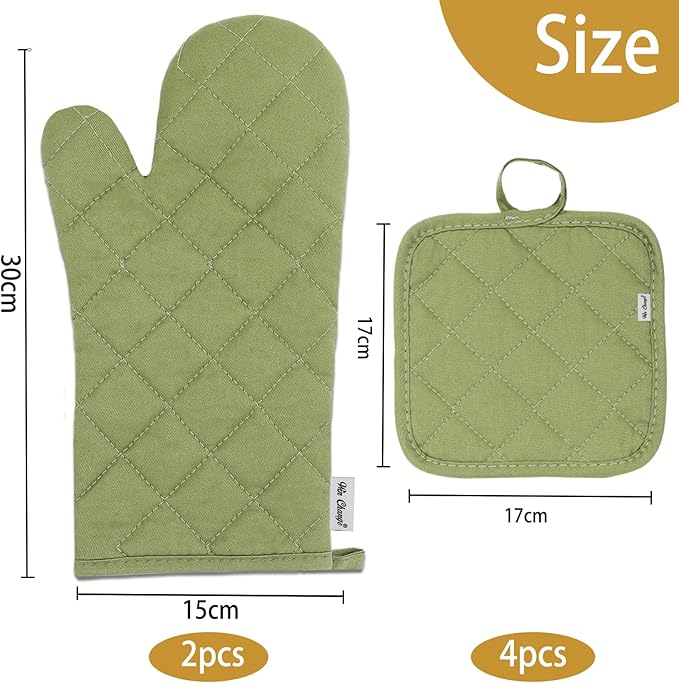 Oven Mitts and Pot Holders Sets,6 Pcs Oven Mitts and Potholders with Recycled Cotton High Heat Resistant Extra Thick Long Oven Mitts for Cooking(Green)
