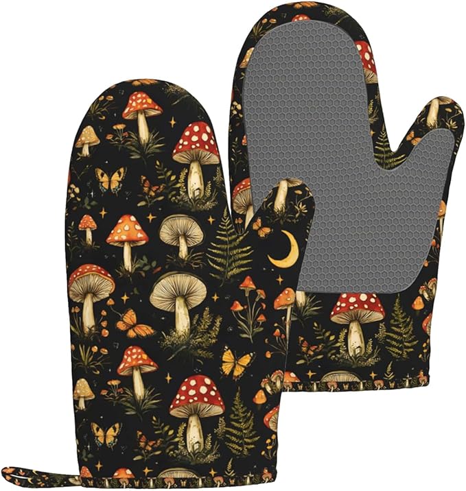 Forest Mushroom Silicone Oven Mitts Set of 2, Heat Resistant up to 500°F, Kitchen Oven Gloves with Non-Slip Grip and Soft Cotton Lining for Baking, Cooking and BBQ
