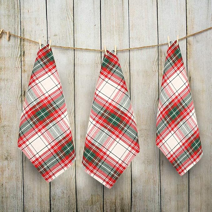 Urban Villa Christmas Kitchen Towels 100% Cotton Dish Towels for Kitchen (Set of 6) 20”x30” Dish Cloths Absorbent Kitchen Linen Set with Hanging Loop Perfect for Drying Dishes Cleaning – Christ Check