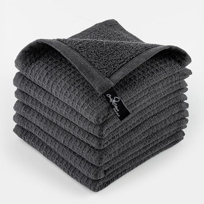 DishCloths Kitchen|Waffle Terry Check Weave Hand Towels|Cotton 12x12 Reusable Dish Rags Washing Scrub Cleaning Dishes|Dish Bar Mop Towels Hand Wipes|Spring Easter Basket Decor|6 Pc Set-Grey