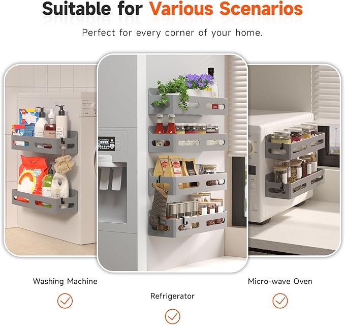Sevenblue 4 Pack Strong Magnetic Spice Rack for Refrigerator, Multipurpose Magnetic Shelf for Fridge with 4 Hooks for kitchen and Bathroom Organization, Grey