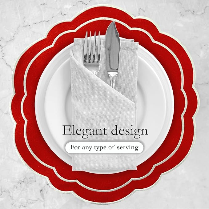 Round Placemats Set of 4, Cotton Linen- Double Layered, Luxury Scalloped Embroidered Cloth Table mats, 16 inch, Washable Fabric Dining Placemat (Red) Celebration