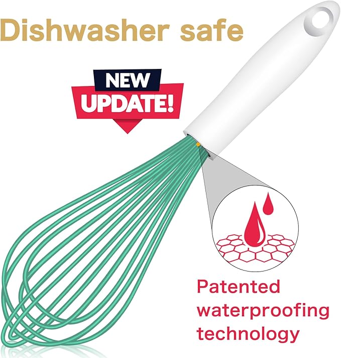 OYV Teal Silicone Whisk, Sealed Waterproof Design Set of 3, Professional Kitchen Whisks for Cooking Non-Scratch, Silicone&Stainless Steel Whisk, Heat Resistant 480°F Rubber wisk, BPA free
