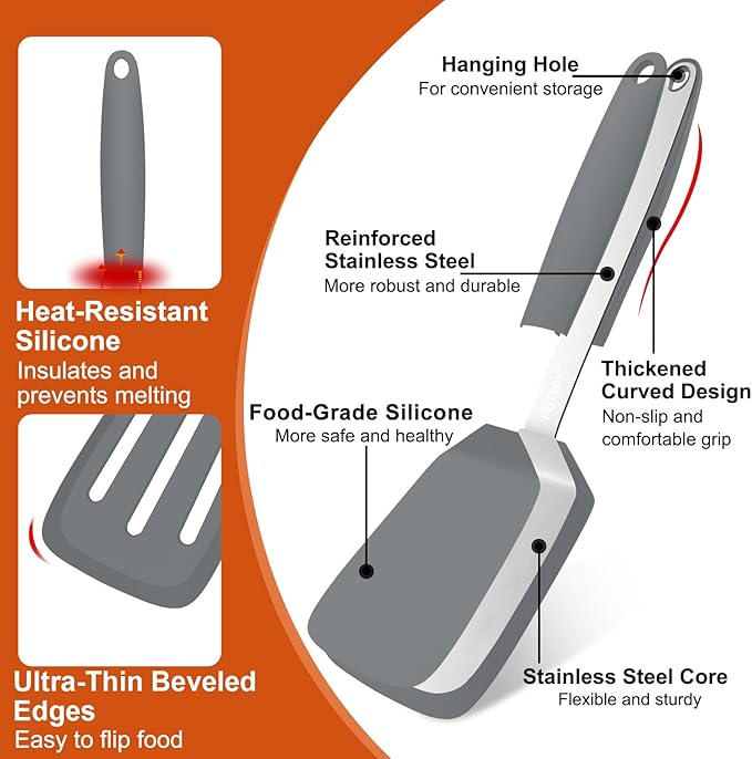 2 Pack Silicone Spatula Set, 600°F Heat Resistant Kitchen Spatula, BPA Free Solid & Slotted Turner, Flexible Cooking Utensils for Non Stick Frying Pan, Flipper for Eggs and Pancakes (Gray)
